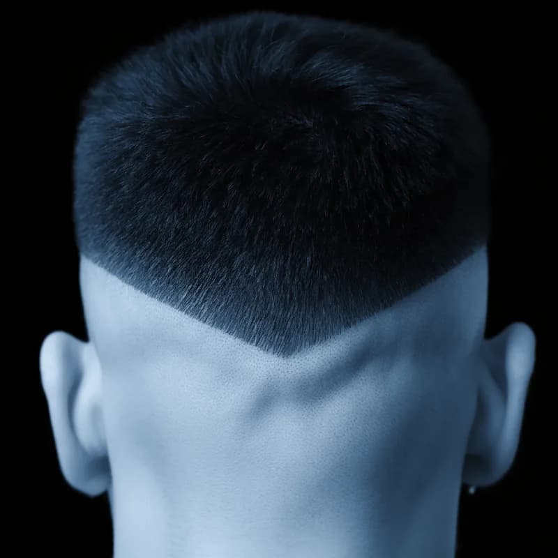 Photograph of the back of a head with straight dark hair clipped to one even length, with no fade and no defined neckline